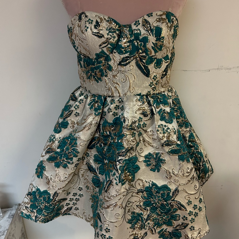 Floral Strapless Dress with Teal and Gold Accents
